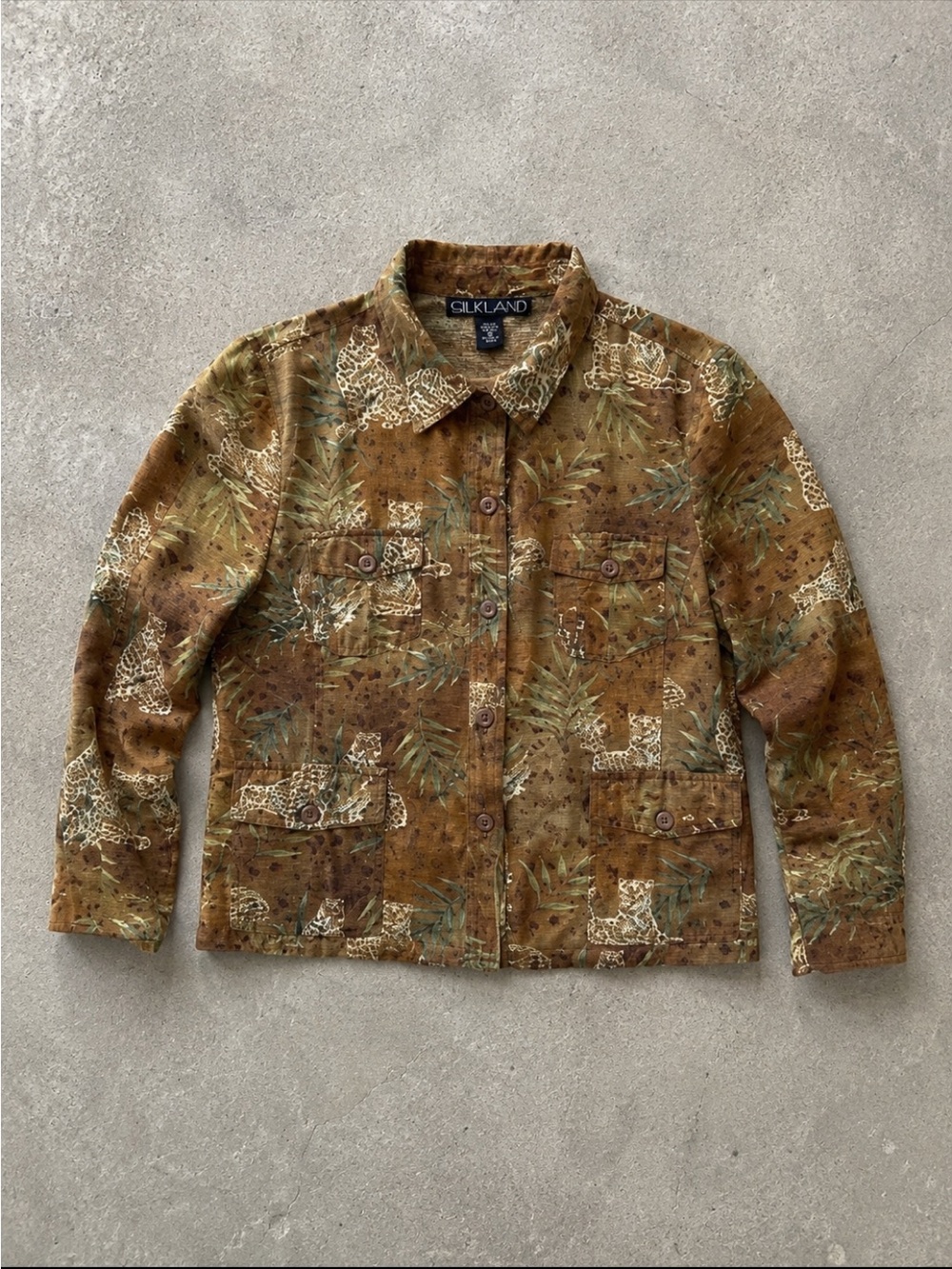 Y2K Silkland  100% Silk Safari Animal Print Button Front Blouse Jacket Large